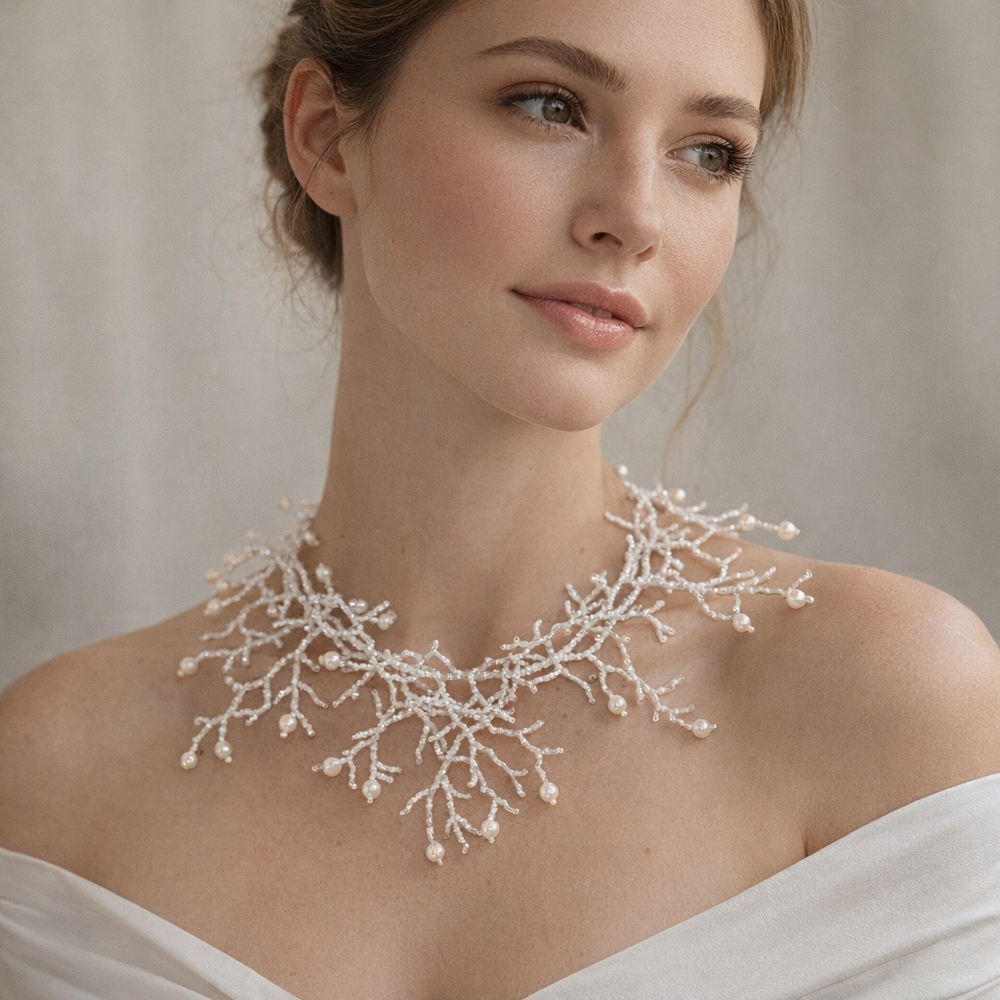 Handbeaded White Multi-Strand Necklace Layers of Czech Beads